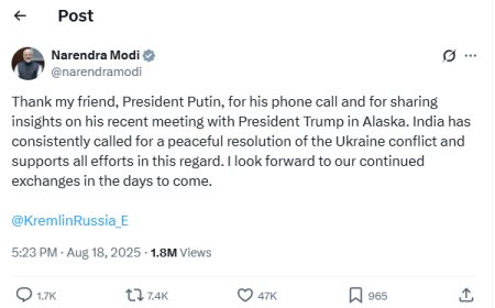 ज़ेलेंस्की-ट्रंप मुलाक़ात से पहले पुतिन का पीएम मोदी को फोन, अलास्का शिखर सम्मेलन पर साझा किए विचार