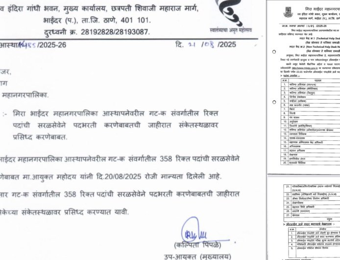मीरा-भाईंदर महानगरपालिका में 358 पदों पर भर्ती, ऑनलाइन आवेदन 22 अगस्त से