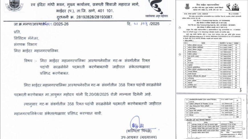 मीरा-भाईंदर महानगरपालिका में 358 पदों पर भर्ती, ऑनलाइन आवेदन 22 अगस्त से