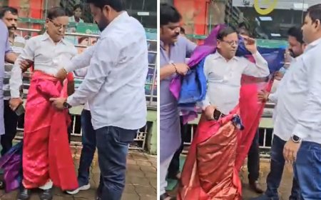 डोंबिवली में पीएम मोदी पर साड़ी वाले पोस्ट से मचा बवाल, बीजेपी कार्यकर्ताओं ने कांग्रेस नेता को पहनाई साड़ी
