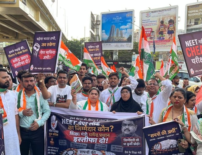 Mira-Bhayandar Youth Congress Protests Over NEET Paper Leak, Demands Resignation of Education Minister Dharmendra Pradhan