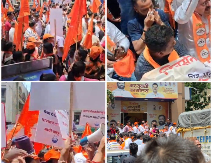 पानी संकट पर शिवसेना का टमरेल आंदोलन, मनपा मुख्यालय के गेट पर शिवसैनिकों का धरना