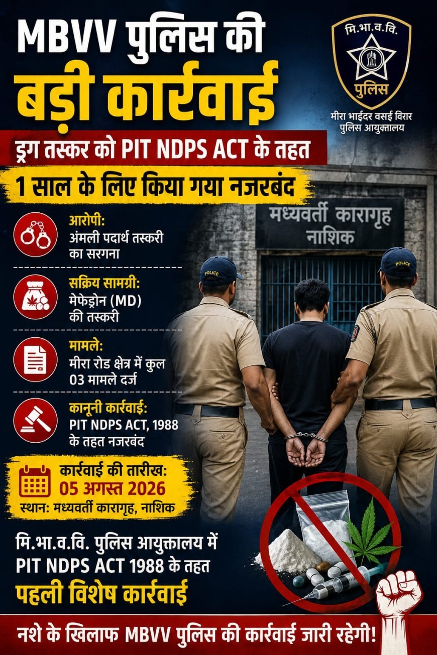 MBVV पुलिस की बड़ी कार्रवाई, ड्रग तस्कर को PIT NDPS Act के तहत 1 साल के लिए किया गया नजरबंद