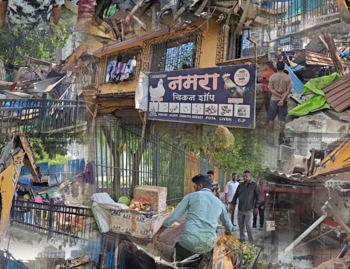 मीरा रोड में अवैध चिकन-मटन दुकानों पर MBMC की कार्रवाई, 16 दुकानों के शेड तोड़े गए